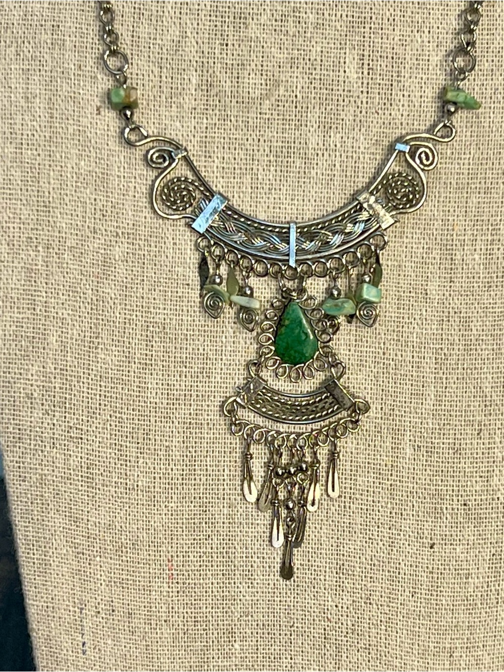 VTG Artisan Peruvian Alpaca Silver Filigree Bib Necklace with Turquoise Stone